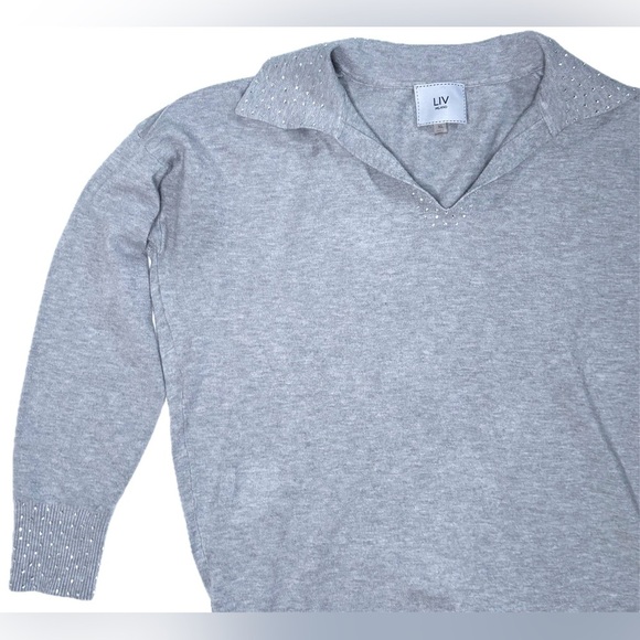 Liv Milano Gray Collared Rhinestone Sweater XL Lightweight Fairy Core Whimsigoth - Picture 2 of 5